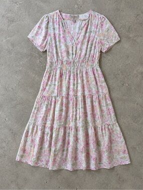 Casa Cabana Linen Blend Floral Midi Dress XL Pink Cottagecore Tiered Romantic